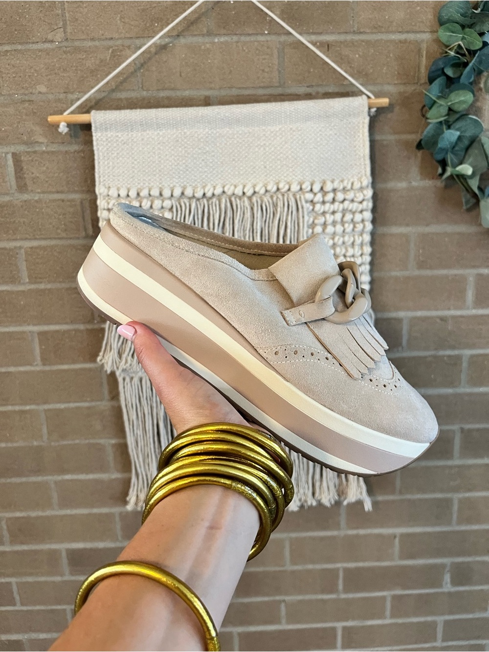 Dolce Vita Beige Suede Platform Loafer with Fringe and Chain